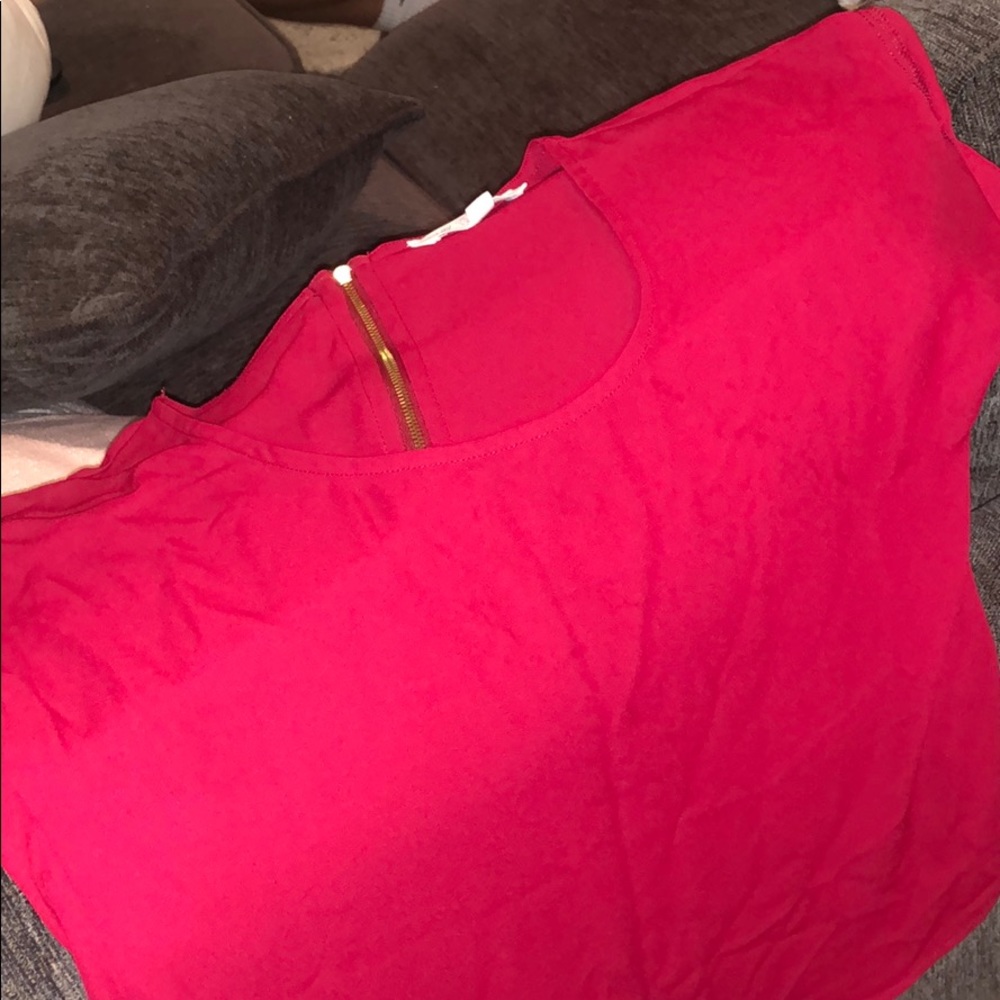 Red sheer short sleeve top with exposed zipper